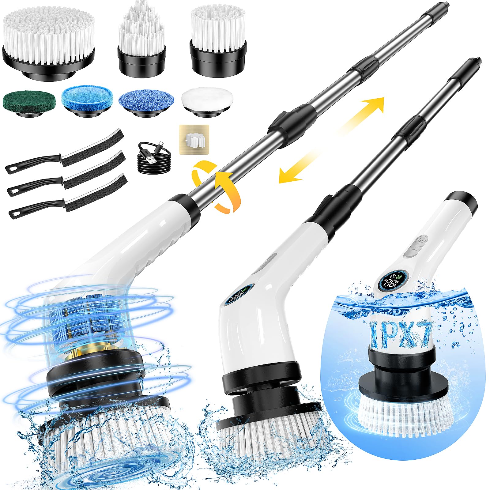 Electric Spin Scrubber Waterproof Cordless Power Cleaning Brush with Adjustable Extension